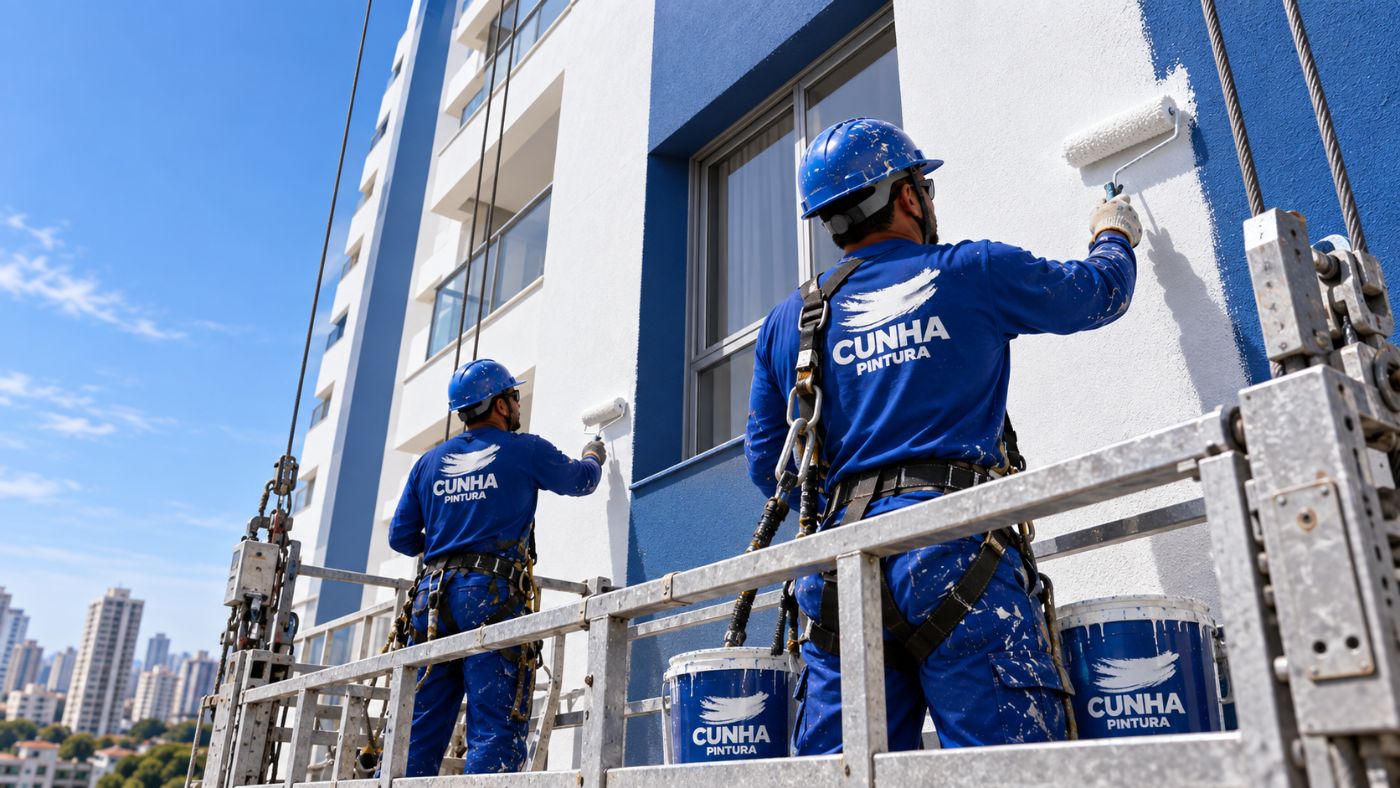 Equipe Cunha Pintura pintando fachada em balancim