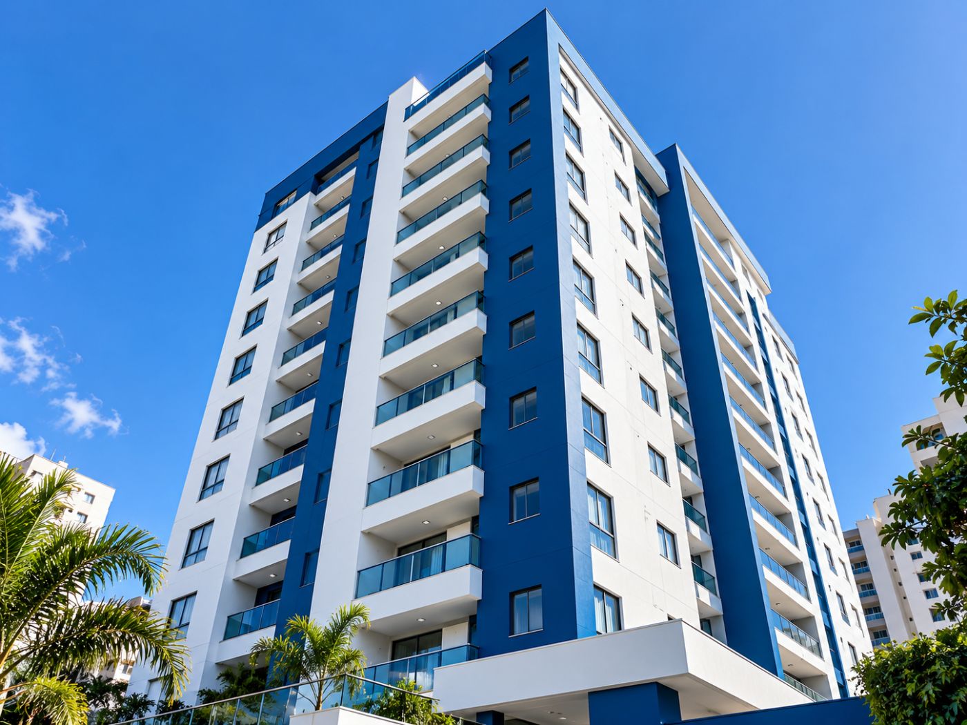 Fachada de condomínio pintada em branco e azul